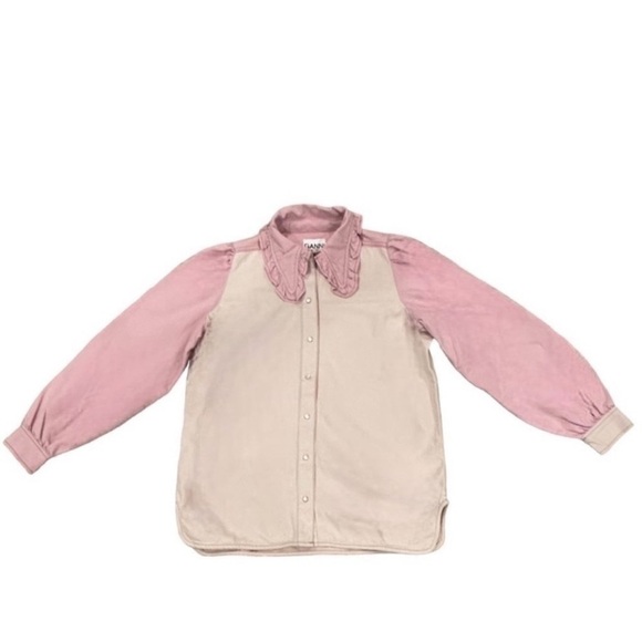 Ganni Ruffled Two-Tone Lilac Lavender Pink Denim Shirt Top Jacket Shacket NEW - Picture 8 of 12